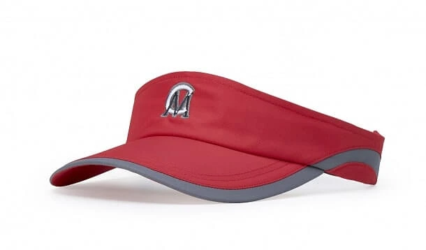 Red sports visor with gray trim along the curved brim and sides. The visor features an embroidered 'M' logo on the front panel. Made of performance fabric, designed for sun protection and comfort during outdoor activities.