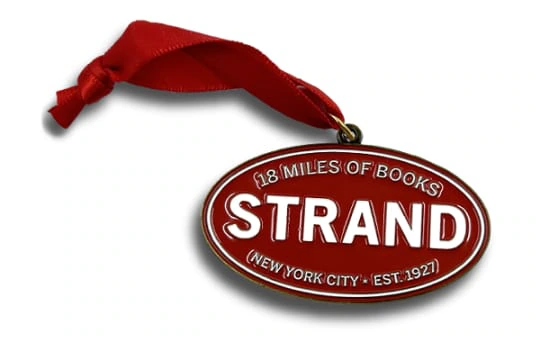18 miles of books strand ornament in red.