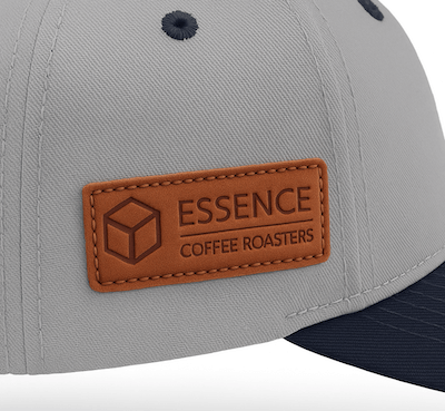leather label sewn on side of logo hat