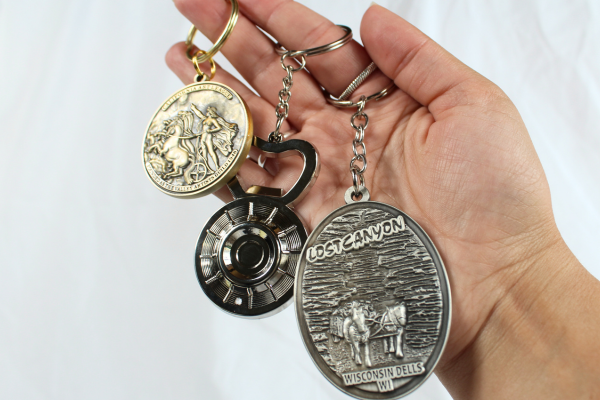 group of 3D metal keychains