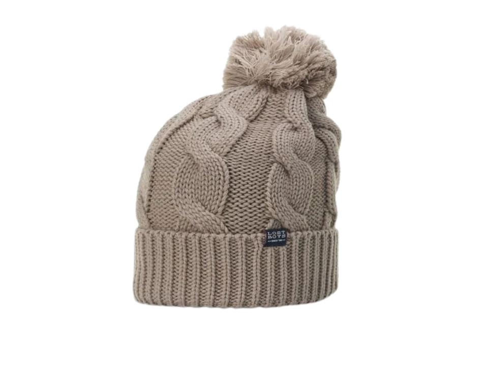 pom pom beanie with custom clip label