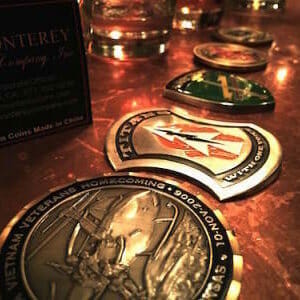 custom challenge coins on a bar