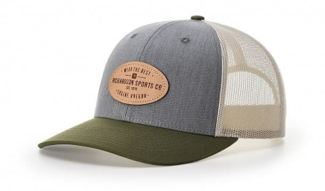 trucker patch hat with leathe logo attached